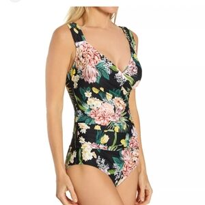 Jantzen Black Floral Isn't It Romantic Surplice OnePiece Ruched Swimsuit Size 14